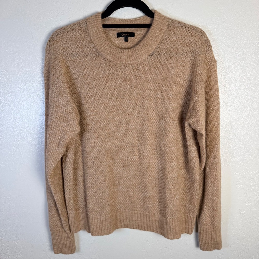 Quince Womens L Wool Alpaca Textured Crewneck Sweater Camel Tan Queit Luxury